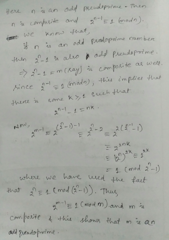 u an odd pseudopoime Then Her i n is an odd Pelopaime oum ber rot me /rn odn) ) this cmpa ee that Aince 2-1 nの22k uwhure we h