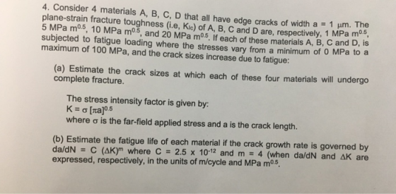 4. Consider 4 materials A, B, C, D that all have edge cracks of width a = plane-strain fracture toughness (i.e, Kic) of A, B,