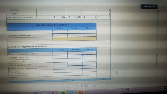Check my work February March S 125,000 S 395,000 $ Total collection of receivables Total cash receipts from customers Februar