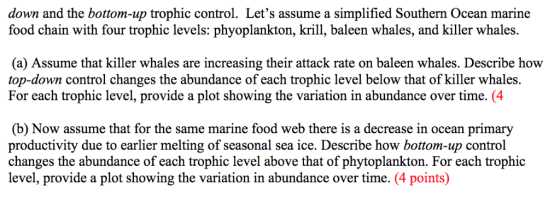 down and the bottom-up trophic control. Lets assume a food chain with four trophic levels: phyoplankton, krill, baleen whale