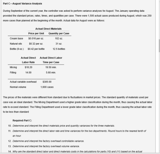 Part C-August Variance Analysis During September of the current year, the controller was asked to perform variance analyses f