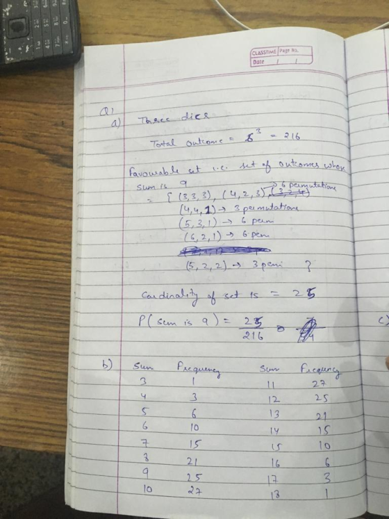 CLASSTIME Page No. Date Thecs dic& 216 Total outoms favawable set peamuahions Sum is (3,3, 3), (4, 2,3) - 4,,1)2 permutation