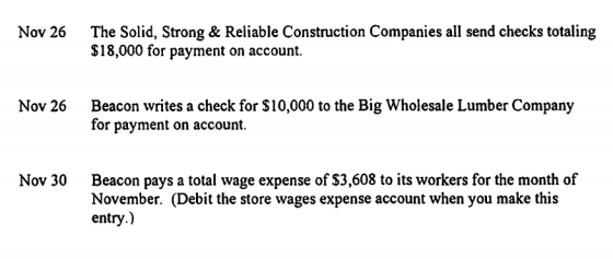 The Solid, Strong & Reliable Construction Companies all send checks totaling $18,000 for payment on account. Nov 26 Beacon wr