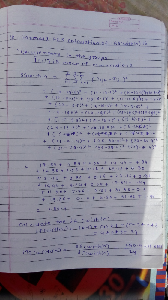 BRAM-SH) PAGE NO DATE: Fosmula EOs calclation af SScwithin) is YijKiselements io the groups 1ciDiS meaa of coa bioation S SS