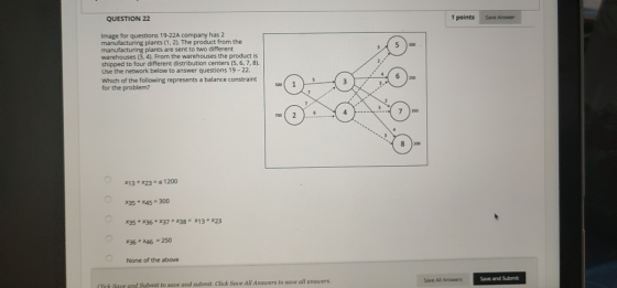 points Save Answen QUESTION 22 Image for questions 19-22A company has 2 manufacturing plants (1, 2). The product from the 4)