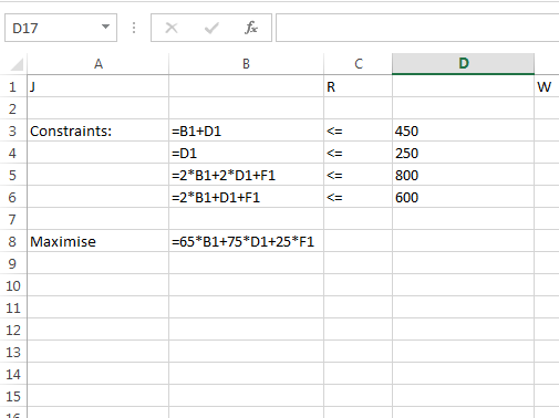 D17 3 Constraints: -B1+D1 450 4 -D1 250 =2* B1+2*D1+F1 -2в 1+D1+F1 600 -65*B1+75 D1+25* F1 8 Maximise 9 10 12 13 14 15