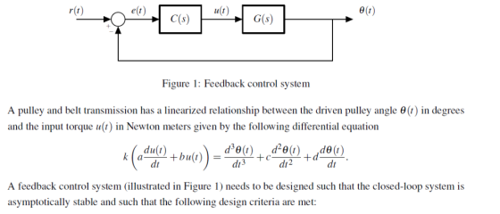θ(r) r(t) ut) elo) Figure 1: Feedback control system A pulley and belt transmission has a linearized relationship between the