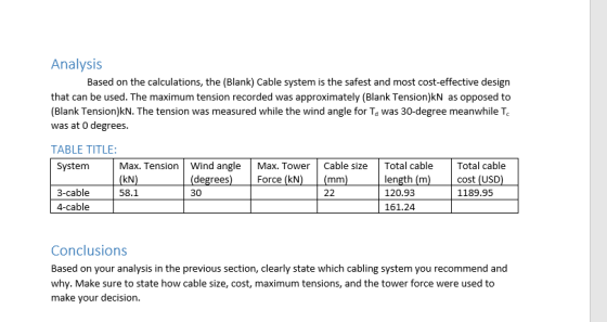 Analysis Based on the calculations, the (Blank) Cable system is the safest and most cost-effective design that can be used. T