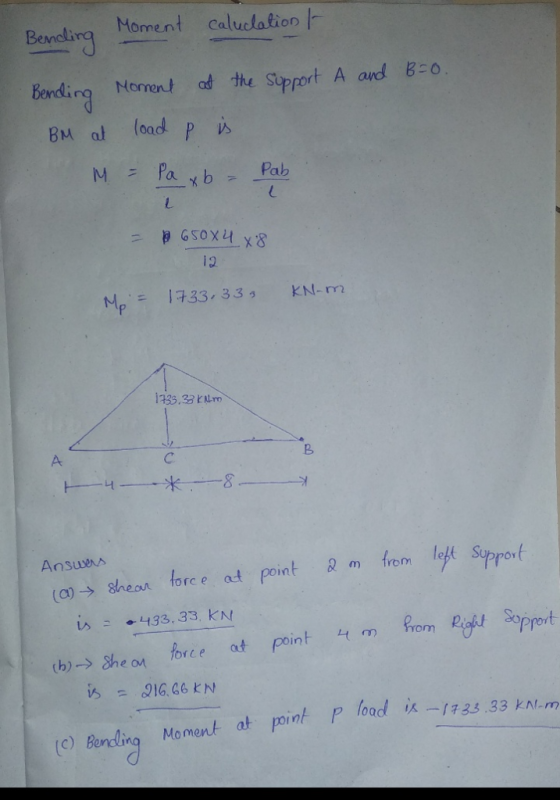 Bending Moment caluctation Bending Nerrent dthe Stport A and i2 Ansu (o) → sheon orce at point & m from left strove s433. 33,