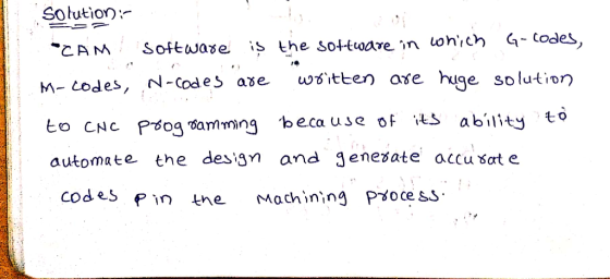 Solution :- CAM Softwase the sotttoare in ohic Codes, M- Codes, rN-coke> ae wtten ase huge solution to CNC Pogamming because