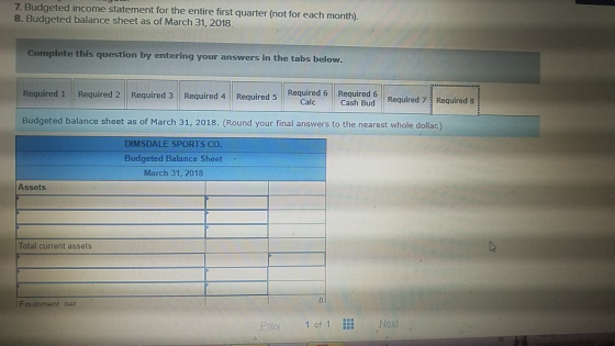 7. Budgeted income statement for the entire first quarter (not for each month). 8. Budgeted balance sheet as of March 31, 201