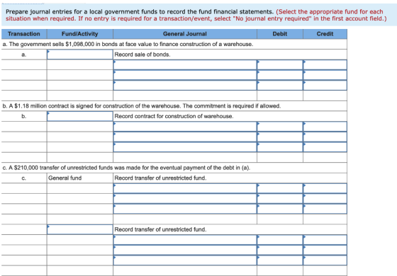 Prepare journal entries for a local government funds to record the fund financial statements. (Select the appropriate fund fo