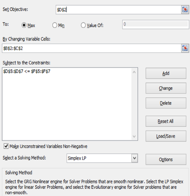 Set Objective To: By Changing Variable Cells: Subject to the Constraints: Add Change Delete Reset All Load/Save Make Unconstr