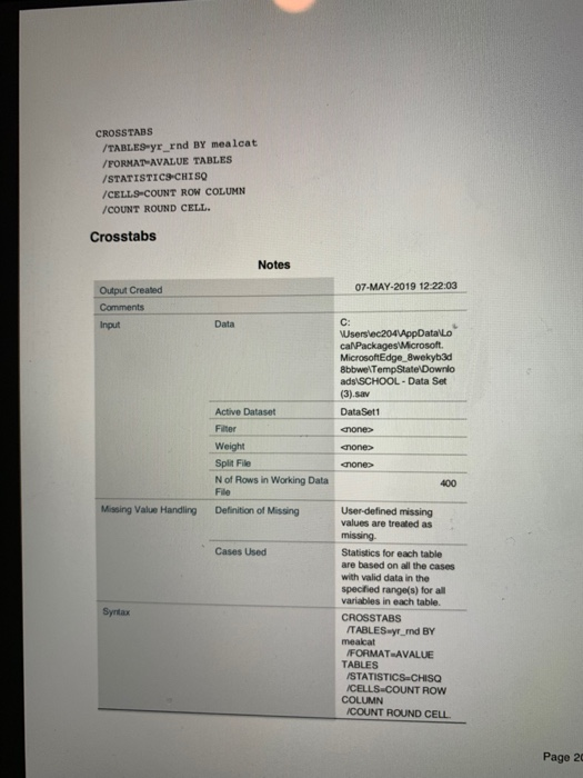 CROSSTABS /TABLES yr_rnd BY mealcat /FORMAT-AVALUE TABLES STATISTICS CHISo /CELLS COUNT ROW COLUMN /COUNT ROUND CELL. Crossta