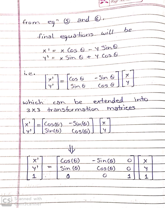 Page fromeq and be Linal equations will XSin + Y Cos O. Sin G ) Cos & Cos & Sin & into. extended transformation matices. whic