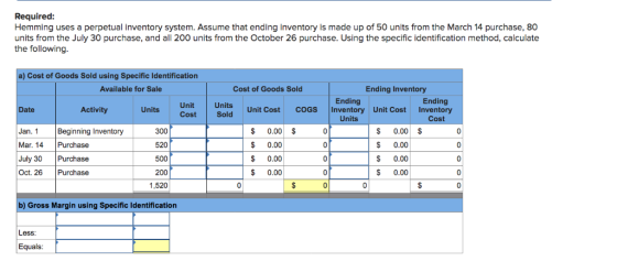 Required: Hemming uses a perpetual inventory system. Assume that ending inventory is made up of 50 units from the March 14 pu