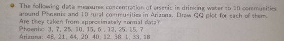 0 The following data measures concentration of arsenic in drinking water to 10 communities around Phoenix and 10 rural commun