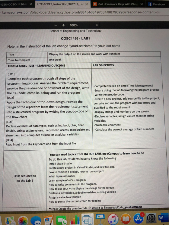 UTF-8CPP Instruction SU2019 LA X 119SU-COSC-1436- C Get Homework Help With Che X Facebook -1.amazonaws.com/blackboard.learn.