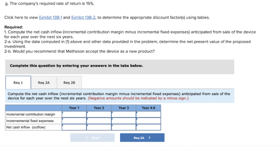 g. The companys required rate of return is 15%. Click here to view Exhibit 13B-1 and Exhibit 138-2, to determine the appropr
