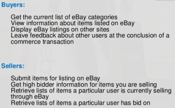 Buyers: Get the current list of eBay categories View information about items listed on eBay Display eBay listings on other si