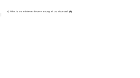d) What is the minimum distance among all the distances? (5)