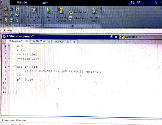 PUBLISH VIEVW un section reakpoirts Time vance BR OINTS auit O xvariables Editor-testcase.m* -x clc clear y zeros (10) for i=