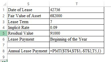 42736 682000 1 Date of Lease 2 Fair Value of Asset 3 Lease Term 4 Implicit Rate 0.09 91000 Beginning of the Year Residual Val