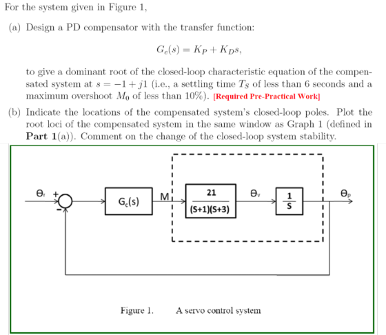 For the system given in Figure 1 a) Design a PD compensator with the transfer function: to give a dominant root of the closed