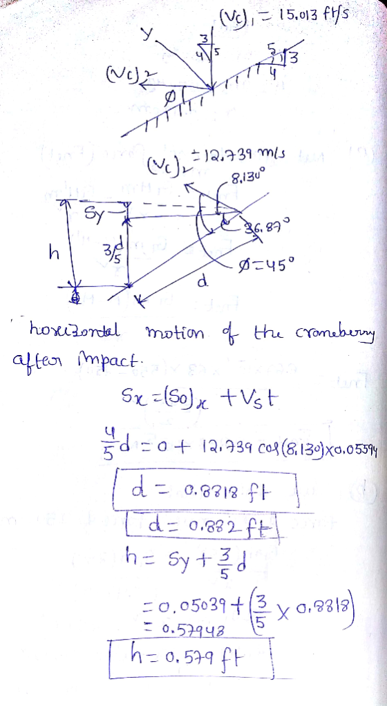 (V, 15,013 a.39 mls 8,130 36. 89 こ45° tu cromaby hoorl motion afeon mpact Sx=So)x Vs t 2.339 cog (g130)xa.053 d - d o.882 ft