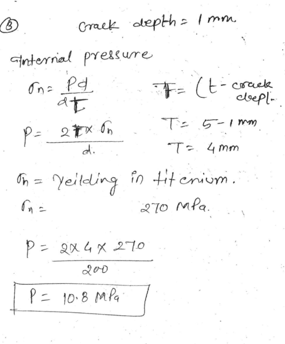 Craek alepth Imm internial presg ure Craee Eloepl- T- P= 2tx T4 mm Yeilding in titenium 70 MPa P 10.8 MPa