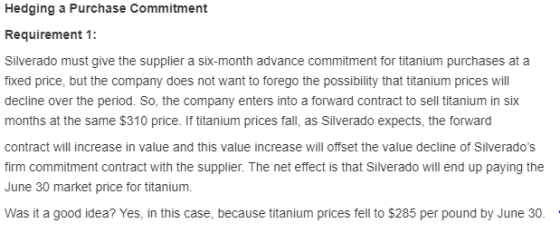 Hedging a Purchase Commitment Requirement 1: Silverado must give the supplier a six-month advance commitment for titaniunm fi