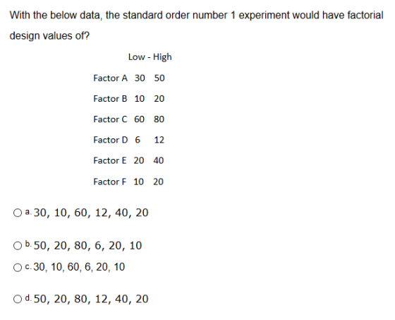 With the below data, the standard order number 1 experiment would have factorial design values of? Low - High Factor A 30 50