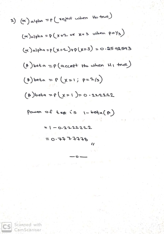 (alphap(ejeet ushen ushen alpha px)+p(x>3) o.a5 aq2 Sa3 (Pbeta p(acert Ho when Hi true beta = P (e)beta =px 1 )= 0 .222222 Po