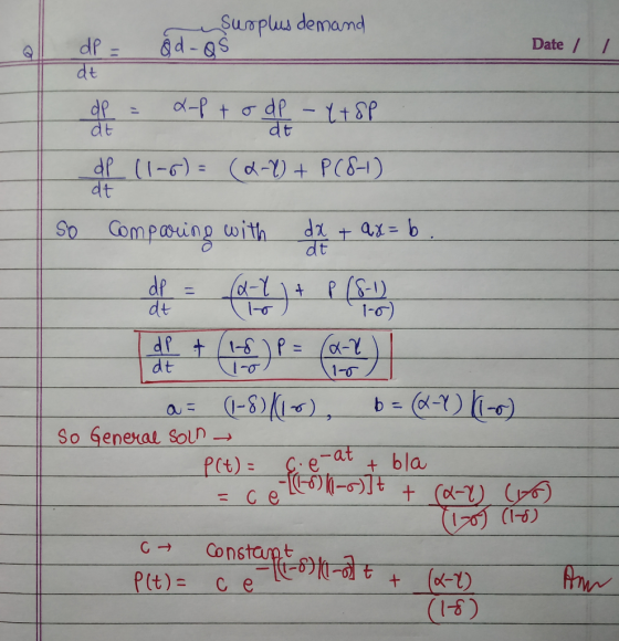 Suoplu demamd d-as Date// dt d-p t dP- 1t8P dt dp dt dp (1-6)= dt So Comparing with d2ax=b dt df dt 1-0 1-8)P dt 1-0 b- o-Y)