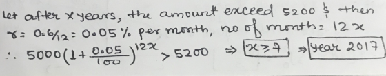 Let afler xyears, the amount enceed s200 hen mmth 12x no 02 0. 05 % per mnth, 122 Year 201F 5000(1+0.0s > 5200