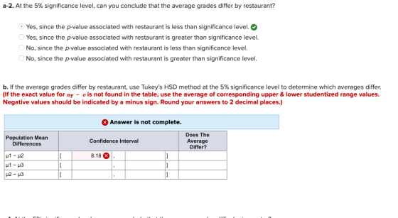 a-2. At the 5% significance level, can you conclude that the average grades differ by restaurant? Yes, since the p-value asso