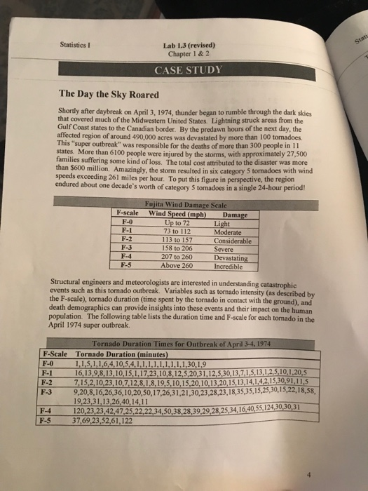 Stati Statistics I Lab 1.3 (revised) Chapter 1 & 2 CASE STUDY The Day the Sky Roared Shortly after daybreak on April 3, 1974,
