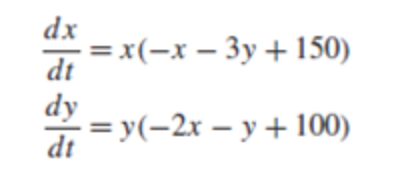 dx x(-x-3y150) dt dy=y(-2x - y + 100) dt