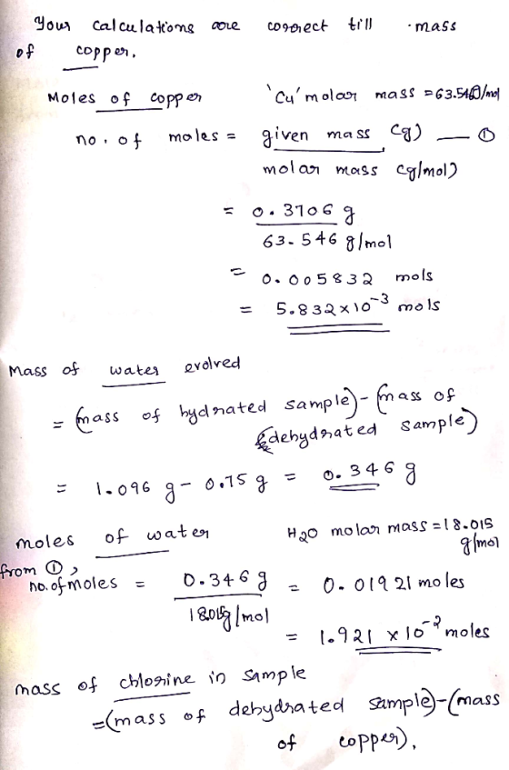 your Calculakong co9ect aoLe maSs of coppen Moles of mass 63.54O/ar1 coppen Cumolao given mo les = no of Ya SS molan CImol m