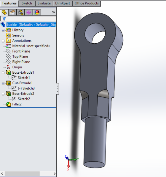 Evaluate DimXpert Sketch Features Office Products kuckle(Default< < Default> Disp History Sensors AAnnotations Material <not