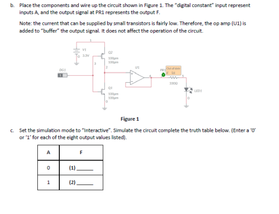 b. Place the components and wire up the circuit shown in Figure 1. The digital constant input represent inputs A, and the o