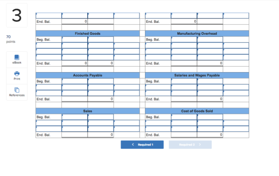 3 End. Bal. End. Bal. Finished Goods Manufacturing Overhead 70 Beg. Bal, Beg. Bal. points eBook End. Bal. End. Bal. 0 0 0 Sal
