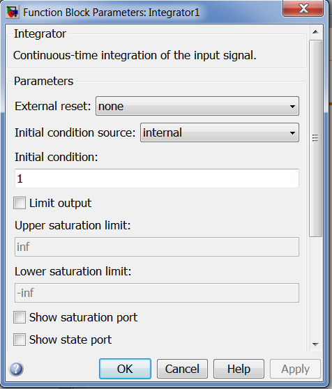 Function Block Parameters: Integrator1 Integrator Continuous-time integration of the input signal. Parameters External reset: