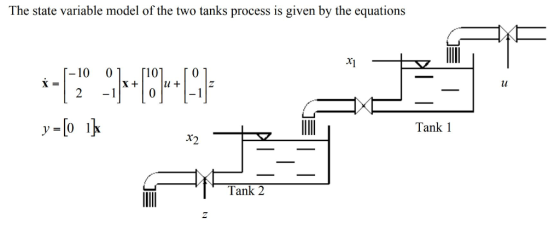 The state variable model of the two tanks process is given by the equations r1 10 01 r1o 2 0-1 lu Tank 1 Tank 2