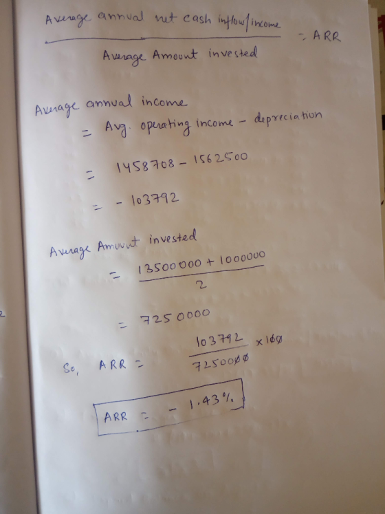 Avinrage annual nit cash intlau1imame 1974 ARR Average Amount invested Aunage annual income A apeating deprecia tion income-