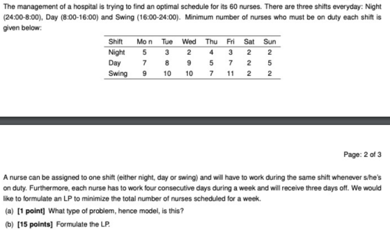 The management of a hospital is trying to find an optimal schedule for its 60 nurses. There are three shifts everyday: Night