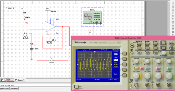 vCC r. 疯 XSC1 12.0v ekt U1 R2 741 2.2kΩ Tektronix oscilloscope-XSC1 VEE 12.0V Tektronix TDS 2024EULELE C1 M Pos: 0s R3 100Ω C
