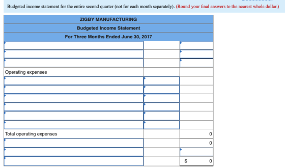 Budgeted income statement for the entire second quarter (not for each month separately). (Round your final answers to the nea