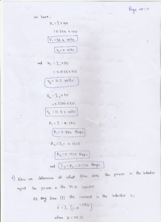 Vi-38.4 volts V0 volts 5 volts V 1x 50 0, 2.304-X 50 A, 스 0-384 Amps 3 A3 0.230 C)we cletenmine ot ohat tlme does tha powen i