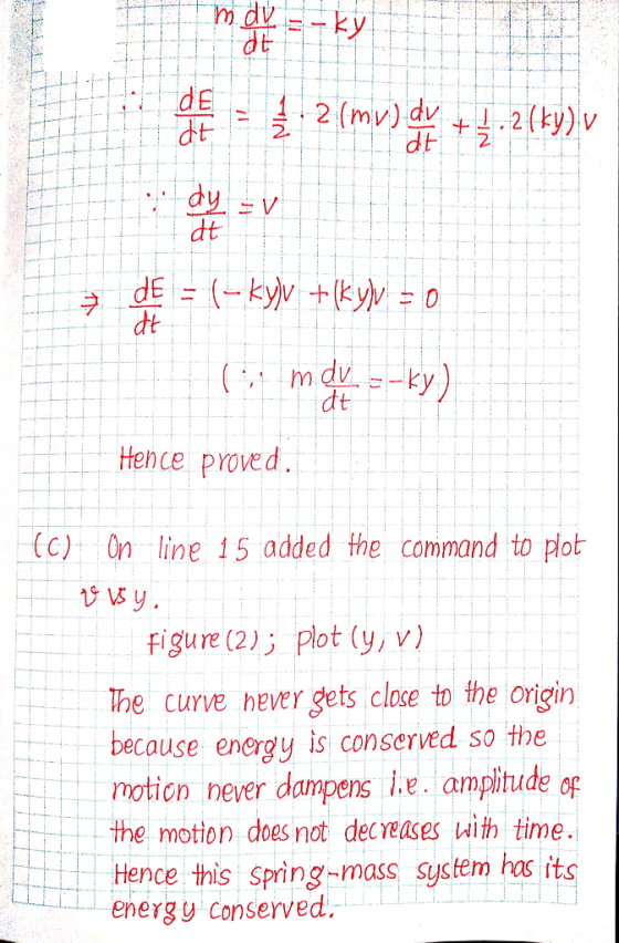 mdv-ky dE dt 2 (mv) dv dt 2(ky) v 2 dy dt ( 5mdv --ky) dt Hen ce proved (C) On line 15 added the command to plot figure (2) p